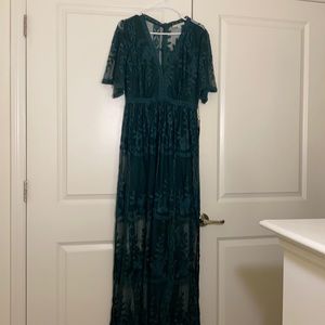 Bella Ella Light My Fire Dark Teal Lace Maxi Dress NWT Size Large